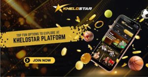 Khelostar banner showing mobile app, sports icons, coins, and text “Top fun options to explore at Khelostar platform” with a join now button.