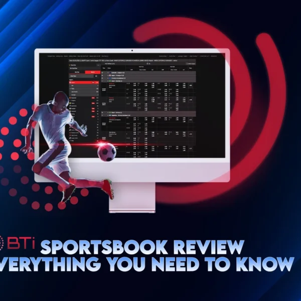 Football player with BTi Sportsbook interface on a computer screen, titled 'BTi Sportsbook Review – Everything You Need to Know.