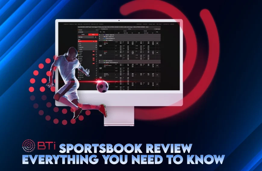 Football player with BTi Sportsbook interface on a computer screen, titled 'BTi Sportsbook Review – Everything You Need to Know.