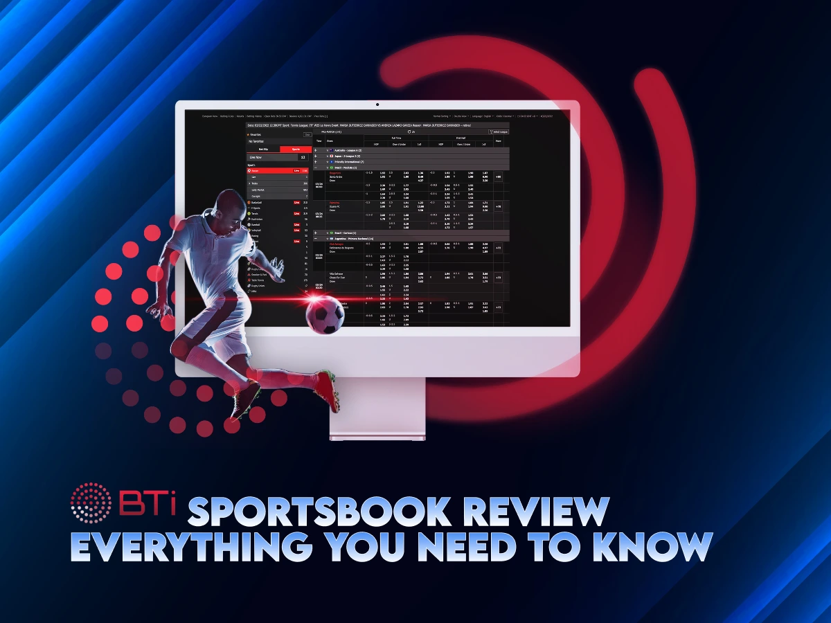 Football player with BTi Sportsbook interface on a computer screen, titled 'BTi Sportsbook Review – Everything You Need to Know.