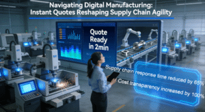 Engineer monitoring real-time supply chain data on digital dashboard in smart factory control room, showing instant quote interface with 2-minute response time, automated CNC machining in background, with key metrics: 65% faster response and 100% cost transparency.