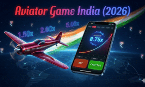 A sleek red propeller plane flies upward across a dark digital world map with Indian tricolor light streaks and rupee symbols. A modern smartphone in the foreground displays a crash-game interface with a rising graph, while the text "Aviator Game India (2026)" glows at the top.