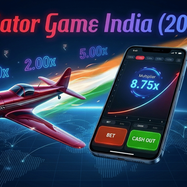 A sleek red propeller plane flies upward across a dark digital world map with Indian tricolor light streaks and rupee symbols. A modern smartphone in the foreground displays a crash-game interface with a rising graph, while the text "Aviator Game India (2026)" glows at the top.