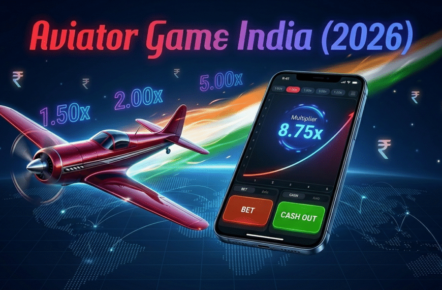 A sleek red propeller plane flies upward across a dark digital world map with Indian tricolor light streaks and rupee symbols. A modern smartphone in the foreground displays a crash-game interface with a rising graph, while the text "Aviator Game India (2026)" glows at the top.