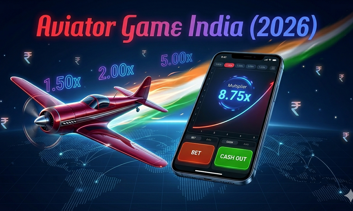 A sleek red propeller plane flies upward across a dark digital world map with Indian tricolor light streaks and rupee symbols. A modern smartphone in the foreground displays a crash-game interface with a rising graph, while the text "Aviator Game India (2026)" glows at the top.